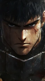 Battle-scarred warrior locked in storm-dark, unyielding focus.