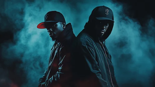 Dark-clad hip hop duo stand back to back in blue smoke