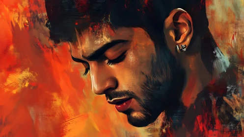 Brooding male portrait in molten orange digital brushwork.