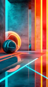 Neon lit corridor shows reflective sphere and glowing lines