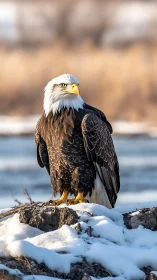 Bald eagle standing on snowy riverbank in winter light.