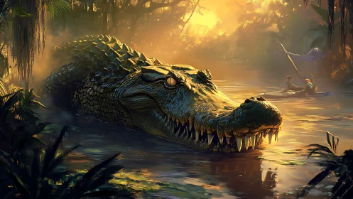Gigantic crocodilian apex predator emerging in dawnlit river.