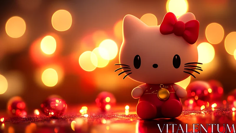 Cute cat figurine in red outfit with warm festive lights.