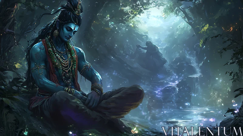 Blue-skinned meditative deity in luminous forest stream
