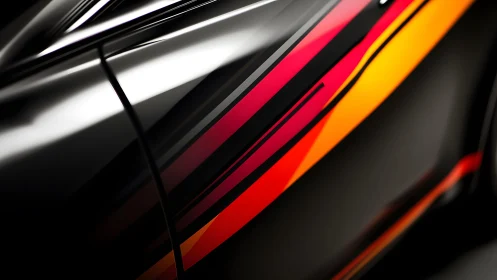 Sleek sports car close-up with vibrant racing stripes, modern look.