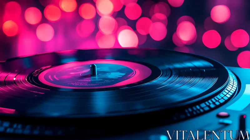 Vinyl record spins under neon bokeh club lights.
