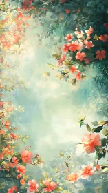 Coral blossoms drift through luminous turquoise mist.