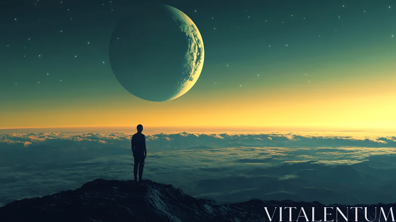 Solitary observer on alien horizon under oversized crescent world.