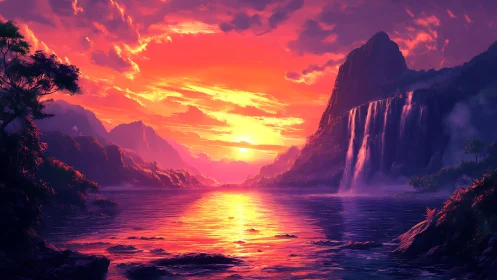 Hyper-saturated tropical sunset illuminates waterfalls and bay