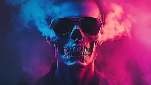 Skull in sunglasses under blue and magenta vapor lighting.