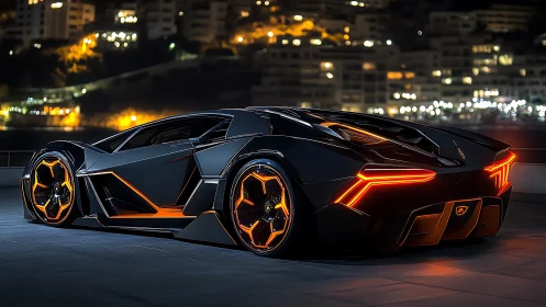 Futuristic sports car render is parked in a coastal city