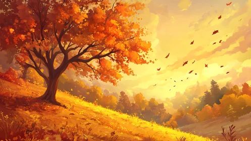 Golden hillside tree glowing in the warmth of autumn light.