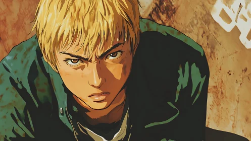 Blond rebel glares upward in a rust stained alleyway.