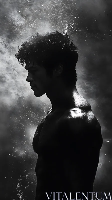 Moody male silhouette in dramatic backlit misted haze.