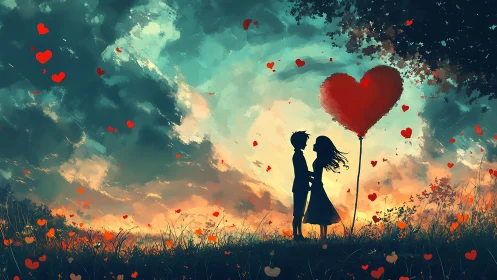Silhouetted couple with oversized heart balloon among floating hearts and dramatic sky.