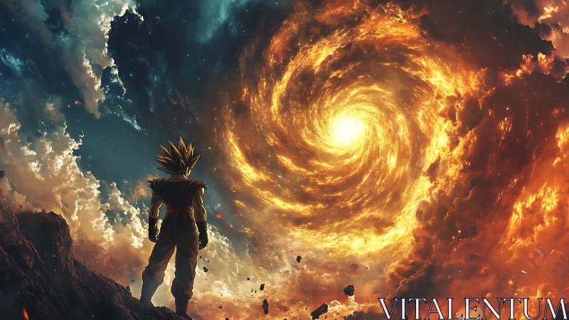 Saiyan warrior confronts colossal cosmic fire vortex at dusk.