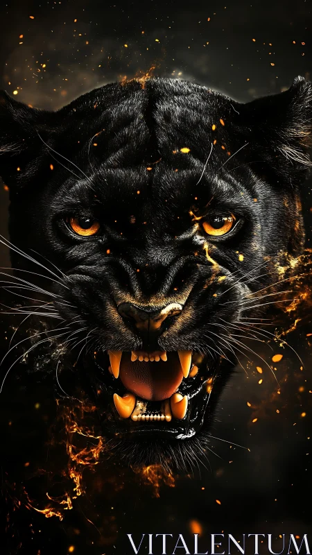 Black Panther Face with Ember Particles and Golden Eyes