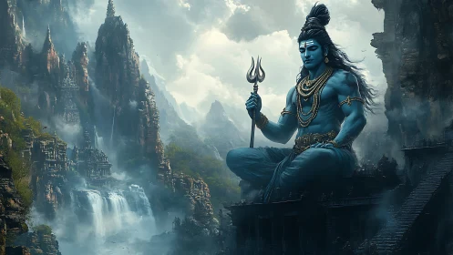 Colossal blue deity meditating above foggy cascades and temple cliffs