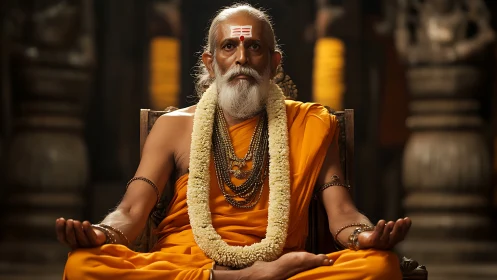 Elderly Hindu monk in saffron robes sits in meditative symmetry