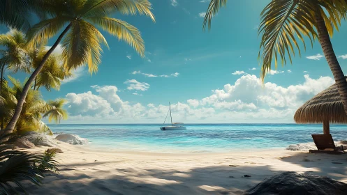 Tropical Coastal Landscape with Sailboat: Digital Rendering of Pristine Beach Environment