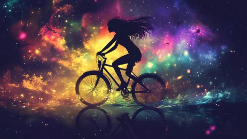 Silhouetted Cyclist Against Luminous Cosmic Nebula Background