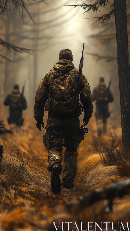 Fogbound rangers stride through amber forest hush.