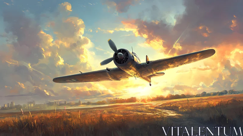 Sunlit warbird skims a blazing horizon of painted clouds