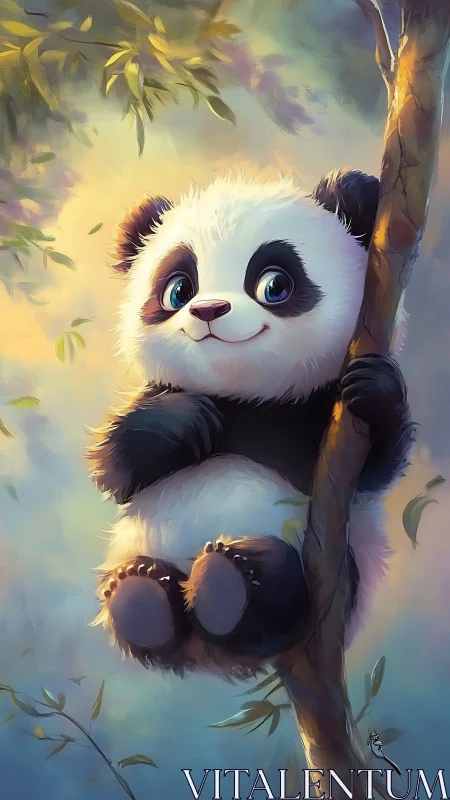 Young panda holding to tree trunk in soft forest light.