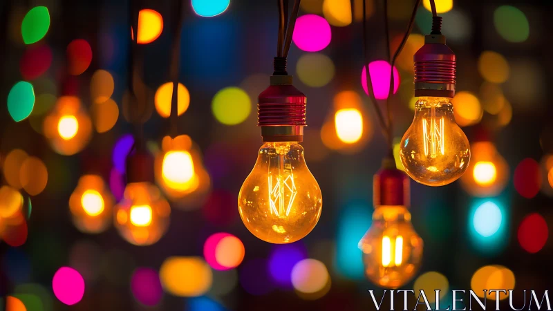 Golden bulbs glowing against playful rainbow bokeh backdrop.