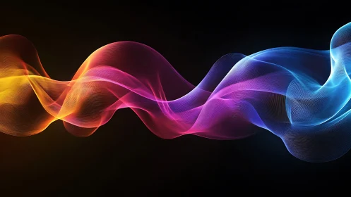 Vibrant neon light waves flow across a deep black void