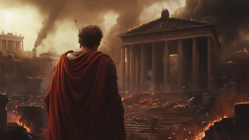 Cloaked conqueror watching a burning imperial colonnade.