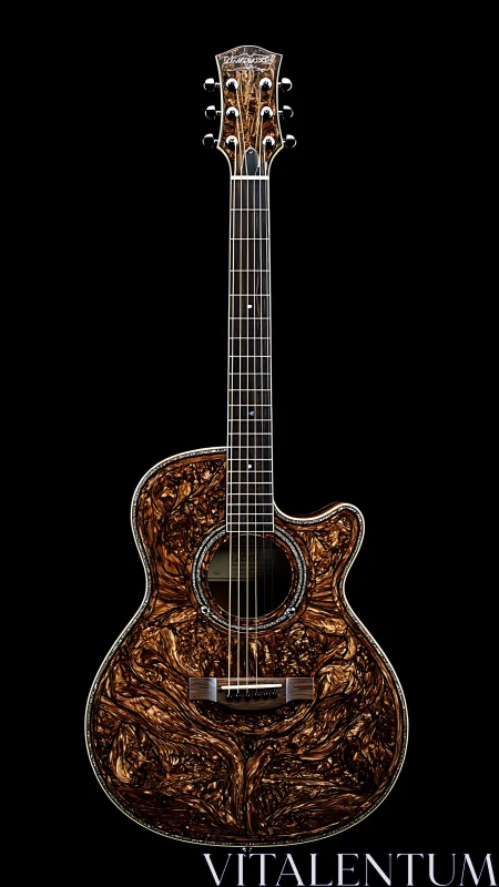 Custom acoustic guitar shows ornate marbled wood body