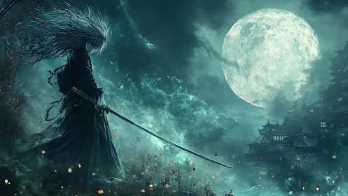 Moonlit samurai watches a distant fortress under stormy skies