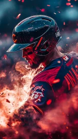 Dynamic baseball portrait merges athlete with fiery particle burst