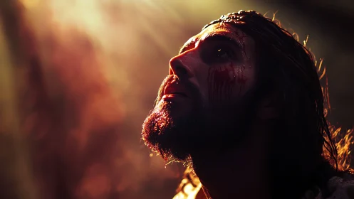 Bloodied bearded man in raking golden backlight, upward gaze.