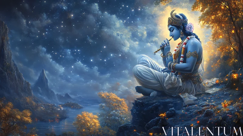 Serene blue deity resting under a starlit enchanted sky.