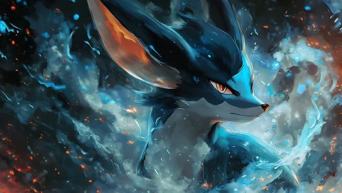 Mystical blue fox spirit emerging through swirling stardust.
