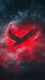 Fiery abstract emblem carved through red storm clouds.