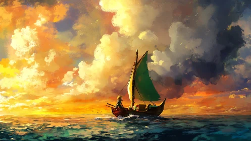Digital painting seascape with lone sailboat under radiant sunset sky.