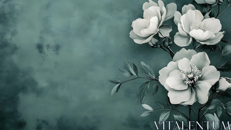 White Peonies on Textured Teal Background