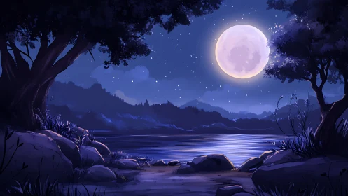 Lunar-illuminated lakeshore with silhouetted trees and distant hills