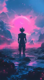 Saiyan warrior faces neon cosmic horizon in silence.