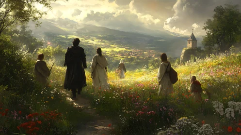 Pilgrims crossing a sunlit wildflower valley toward hope.