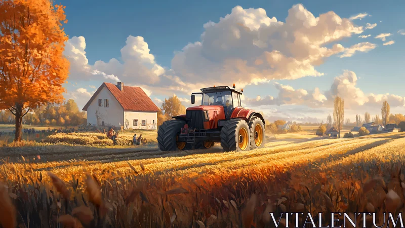 Crimson harvest tractor rolling through sunlit golden fields.