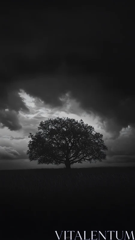 Solitary tree stands against storm-heavy monochrome sky