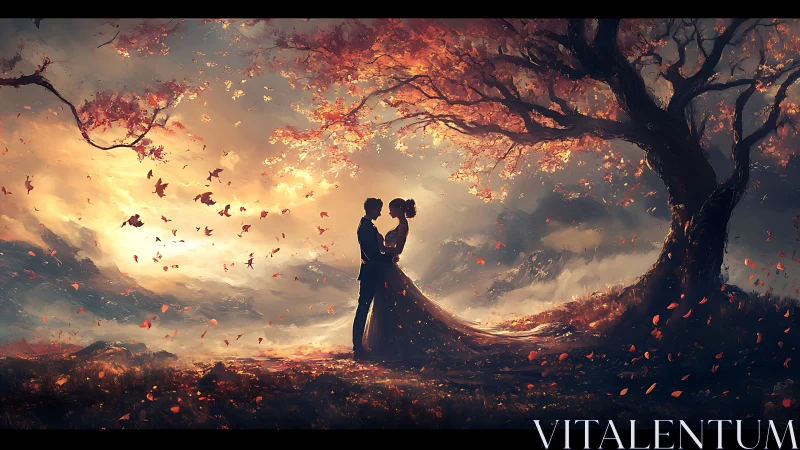 A Couple Shares a Romantic Embrace Under the Golden Autumn Tree