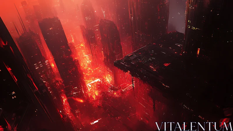 Burning cyberpunk megacity plunges into neon red chaos