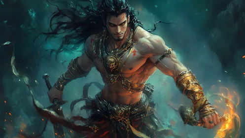 Fire-wreathed warrior charging through stormlit battlefield.