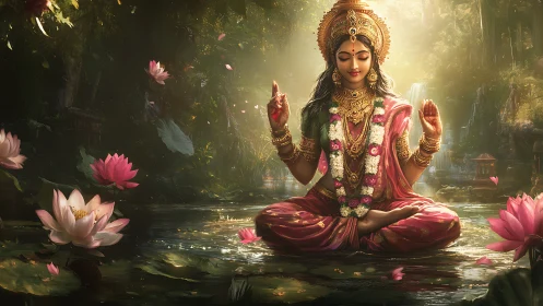 Goddess in lotus sanctuary radiates serene golden light.