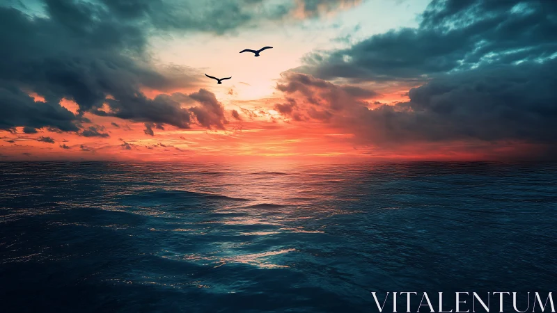 Spectral ocean horizon under stratified cumulonimbus sunset field.